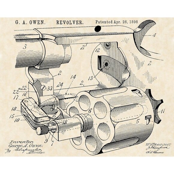 1898 G. A. Owen Revolver Patent Firearm Art 16x20 Vintage Gun Print on Parchment - Picture 3 of 7